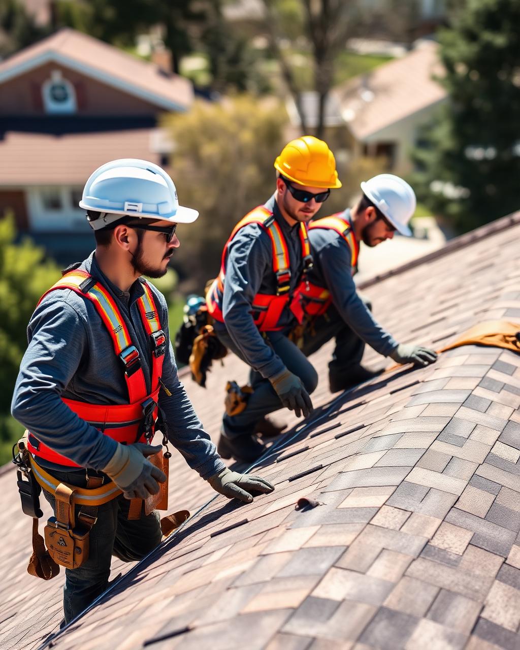 Roofing crew installing shingles